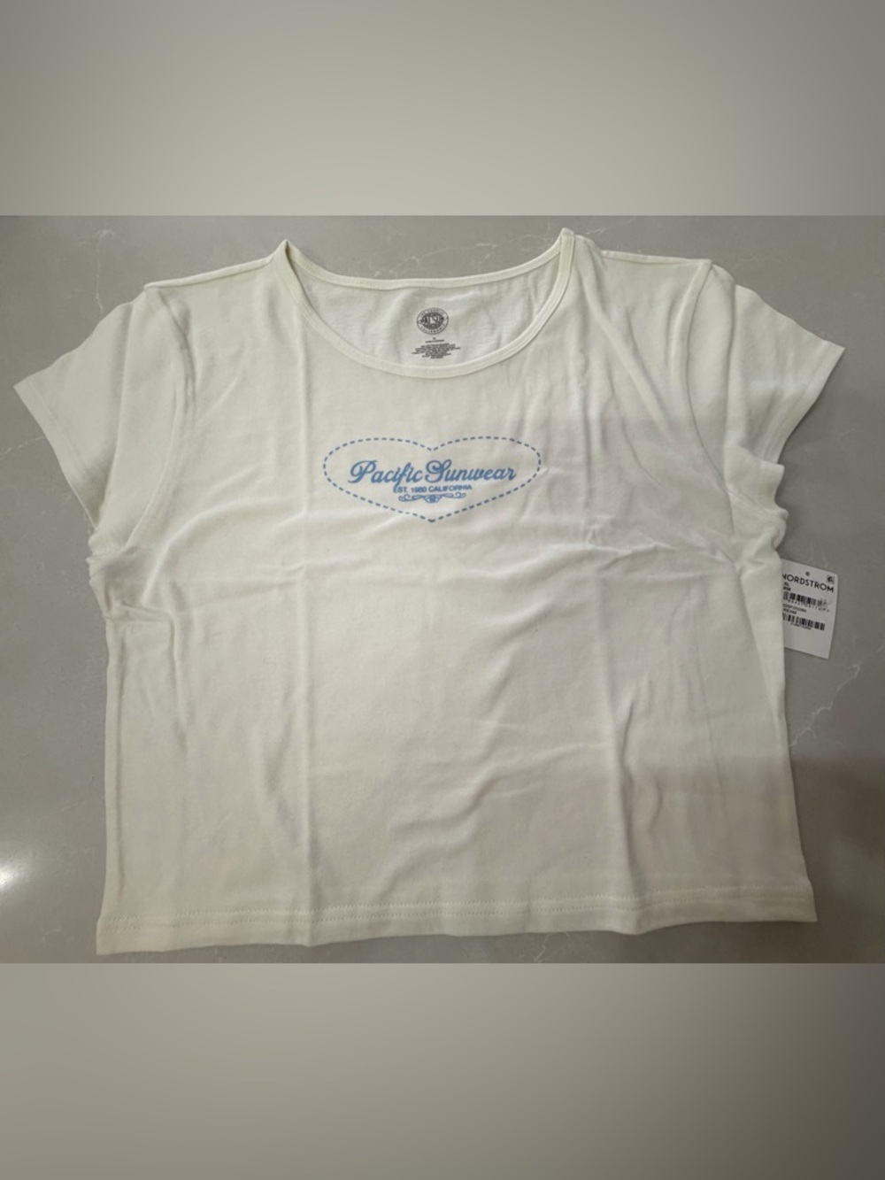 NWT Pacific Sunwear Cream Crop Tee with Blue Heart Script, XL